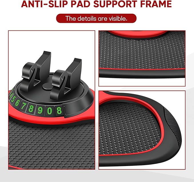 Wuyaoyao Multifunction Car Anti-Slip Mat Auto Phone Holder, PVC Car Dashboard Non-Slip Pad Phone Mount with Temporary Parking Number, Automotive Sticky Dash Pad for Phones, Keys, Gadgets (Black+Red)