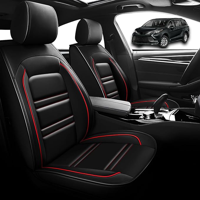 Seat Cover for Toyota Sienna 2004-2025 | Car Seat Covers Front Seats, Waterproof Seat Protectors, Automotive Front Seat Covers (Front Seat, Black&Red Line)