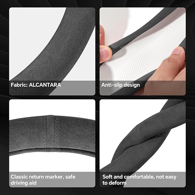 Alcantara Sports Steering Wheel Cover 14.5" to 15" Fit - Anti-Slip Comfort Grip, Durable Soft Suede-Feel Luxury Material for Men Drivers | Fits Sports Cars, Luxury Cars, Sedans, SUVs and EV