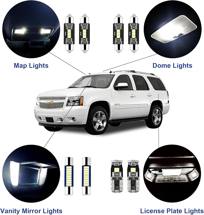 15Pcs Car Interior Lights: Super Bright Bulbs 6000K White LED for 2007 2008 2009 2010 2011 2012 2013 2014 Chevy Tahoe/Suburban Lighting Package Kit Includes Light Accessories + Install Tool