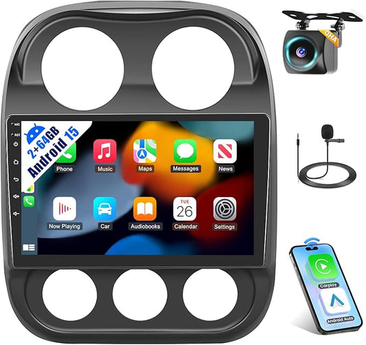 [2G+64G] Car Radio Stereo for Jeep Compass Patriot 2010-2016 HiFi, 10.1 inch Android 15 Touch Screen Radio Carplay Android Auto Mirror Link SWC Bluetooth WiFi AHD Backup Camera Screen for Jeep Compass