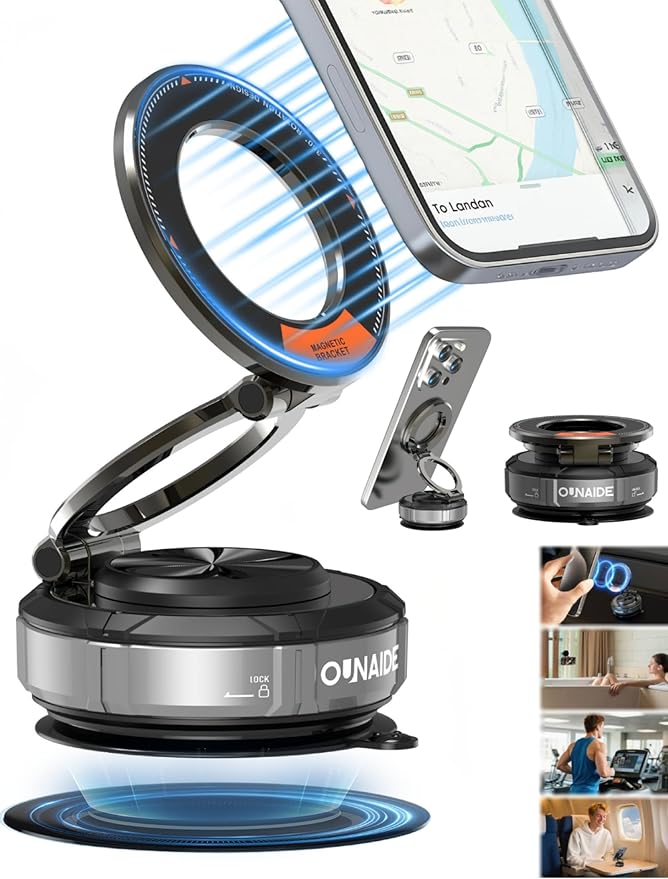 360° Adjustable Magnetic Phone Holder for Car Zinc Alloy Foldable Vacuum Suction Cup Phone Mount for Magsafe Home Travel,98 LBS Ultra Accessories for iPhone 17 16 15 14 13 12 Android