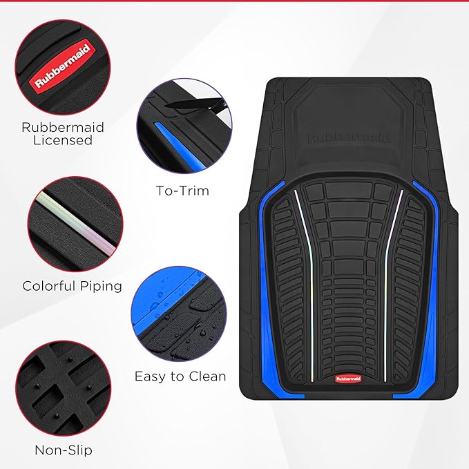 Rubbermaid Car Floor Mats Full Set – Premium All-Weather Car Mat with Brushed Aluminum Inserts, Universal Trim-to-Fit Design, Anti-Slip Backing for Cars, SUVs, Trucks, and Vans