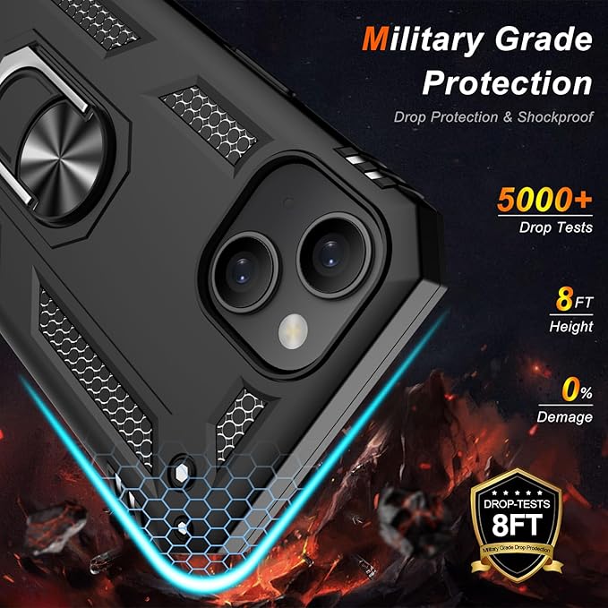 IKAZZ for iPhone 13 Case 6.1 Inch with Screen Protector,Military Grade Shockproof Heavy Duty Protective Phone Cover Pass 16ft Drop Test with Magnetic Kickstand Car Mount Holder,Black