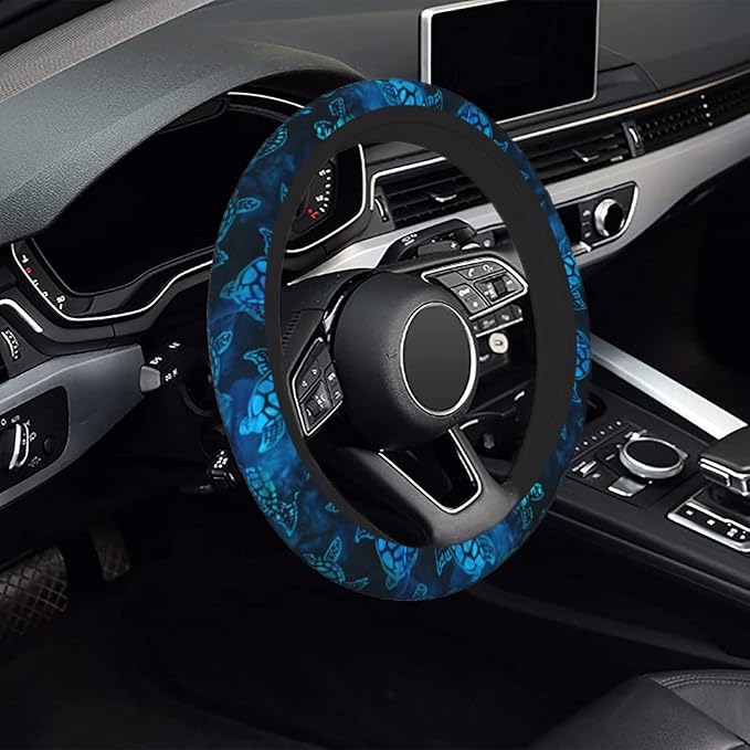 Watercolor Blue Sea Turtle Car Steering Wheel Cover Universal Fit 15 inch, Sweat Absorption Anti-Slip Breathable Neoprene Steering Wheel Protector for Women