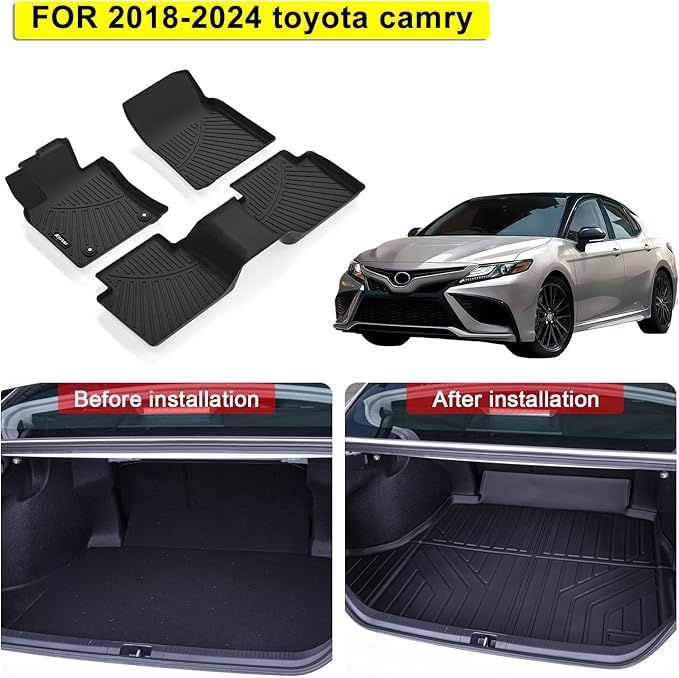 Floor Mats & Cargo Mat for 2018-2024 Toyota Camry FWD Model(Not Fit for AWD & Hybrid), TPE All Weather Protection Anti-Slip 2 Rows Car Floor Liners with Trunk Mat, Black