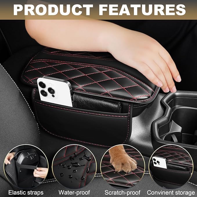 YORKNEIC Center Console Cover Fit for Ford - Middle Console Cover with 2 Storage Pocket,Faux Leather Waterproof Anti-Scratch Car Armrest Cover Protector(002Black&Redline)