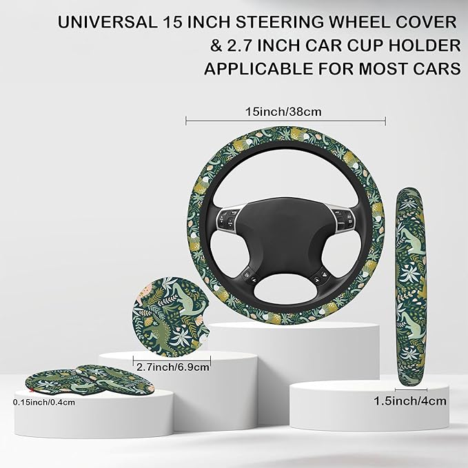 Dinosaurs and Tropical Leaves Steering Wheel Cover with 2 Pcs Car Coasters Neoprene Steering Wheel Cover for Women Men Anti-Slip Breathable Car Accessories Universal 15 Inch Fit Auto Cars Trucks