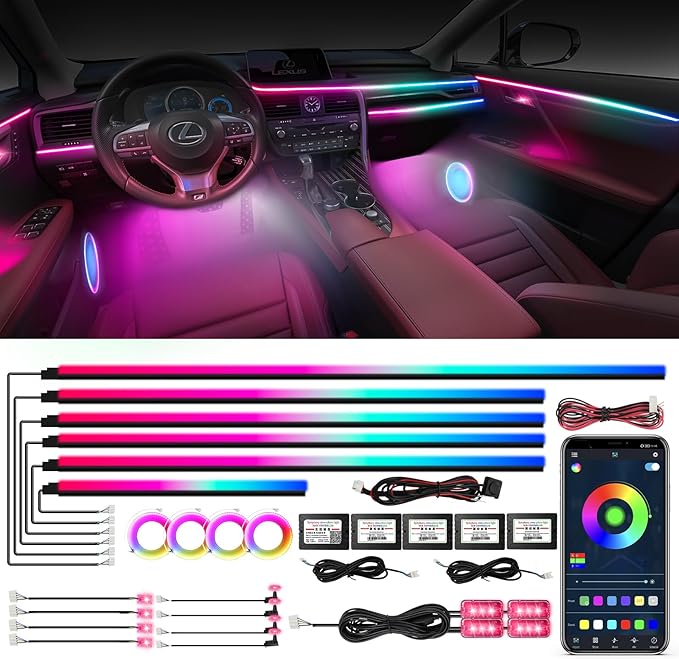 Dreamcolor Acrylic Ambient Lighting Car Lights – Wireless APP Control, Music Sync, Dynamic RGB Interior Car LED Strip Light Kit, 22-in-1 Customizable LED Lights for Car Interior