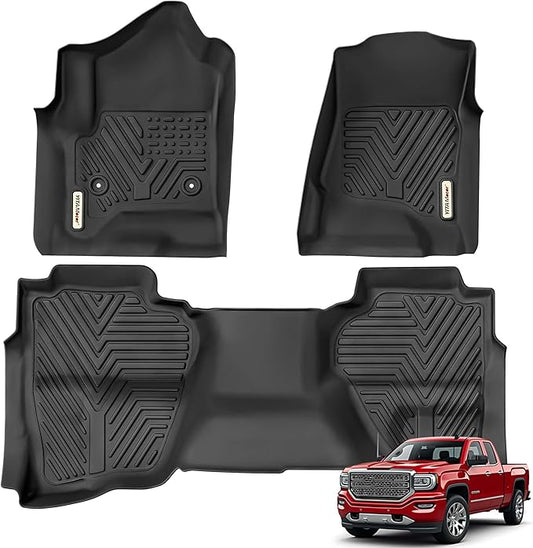 YITAMOTOR Floor Mats Compatible with 2014-2018 Silverado/Sierra 1500, 2015-2019 2500/3500 HD , Double Cab Only, Custom Fit Floor Liners, 1st & 2nd Row All Weather Protection