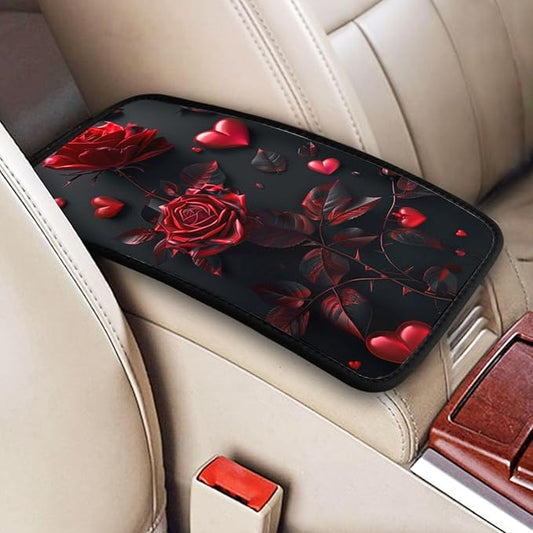 Universal Car Center Console Cushion Pad, Red Rose Soft Waterproof Car Center Console Cover Auto Armrest Seat Box Cover Protector for Most Vehicle SUV Truck Car