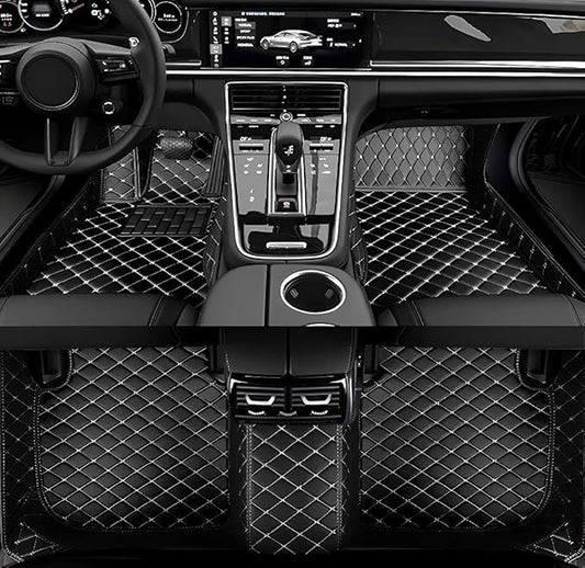 Errva Custom Personalized Floor Mats for Cars，Luxury Full Coverage All Weather Car Floor Mats，Anti-Slip Leather Car Mat Set ，Custom Floor Mats for 98.99% of Cars, Trucks & SUVs (Black beige1)