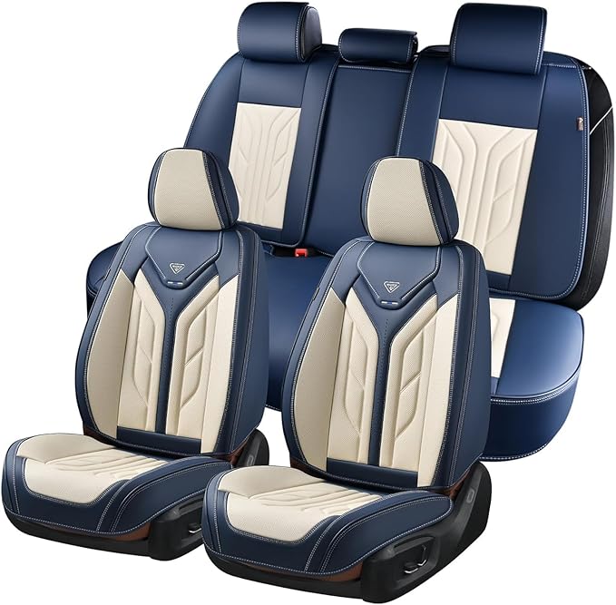 Coverado Car Seat Covers Full Set, Leather Seat Covers for Cars, Waterproof Automotive Seat Covers Car Seat Protectors Car Accessories Universal Fit for Most Sedans SUV Pick-up Truck(Blue&Beige)