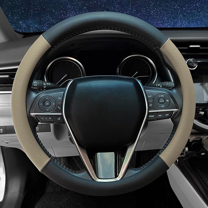 Steering Wheel Cover Standard Size 14.5-15 inch, Non-Slip Car Wheel Cover Protector, Breathable Microfiber Leather, Black and Beige