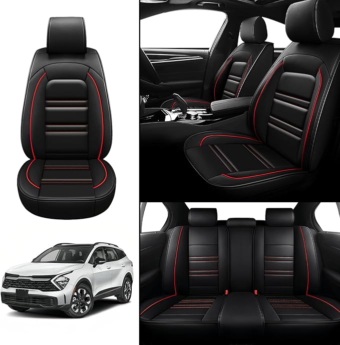 Seat Covers for kia sportage 2005-2025 | 5-Seats Leather Seat Covers, Easy to Install Automotive Seat Covers Full Set (Full Set, Black&Red Line)