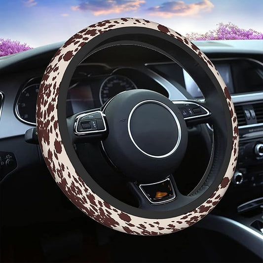 Swono Cow Skin Steering Wheel Cover for Men Women Animal Fur Horse Or Cattle Brown Spots Universal 15 Inch Auto Neoprene Case Anti-Slip Car Wheel Protector