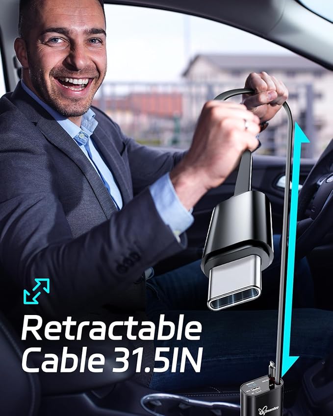 DreamBee Retractable Car Charger,66W Super Fast USB Car Phone Charger,Dual TypeC Retractable Cables Gifts for Men Women Car Truck Accessories for Samsung Galaxy S23+/S23,iPhone 17/16/15/ Pro Max, iPad