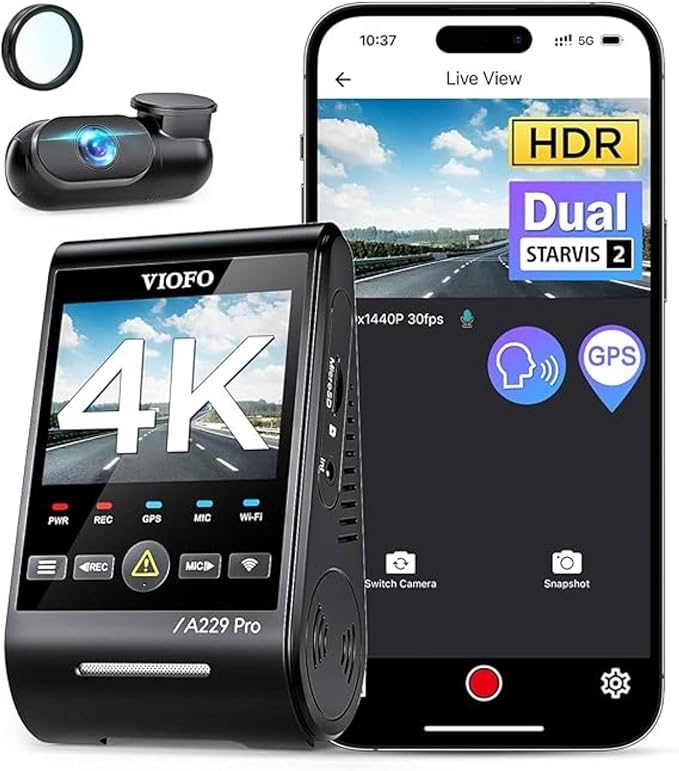 VIOFO A229 Pro 4K HDR Dash Cam, Dual STARVIS 2 IMX678 IMX675, 4K+2K Front and Rear Car Camera, 2 Channel with HDR, Voice Control, 5GHz WiFi GPS, Night Vision 2.0, 24H Parking Mode