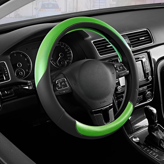 Road Comforts Steering Wheel Cover – Breathable Leather Steering Wheel Cover, Anti-Slip Grip, Universal Fit 14.5” to 15”, Heat & Cold Resistant for Cars, SUVs, and Trucks – Black & Shining Green