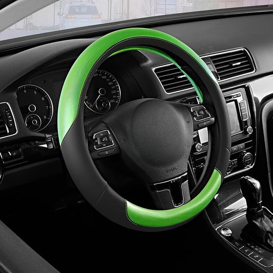 Road Comforts Steering Wheel Cover – Breathable Leather Steering Wheel Cover, Anti-Slip Grip, Universal Fit 14.5” to 15”, Heat & Cold Resistant for Cars, SUVs, and Trucks – Black & Shining Green
