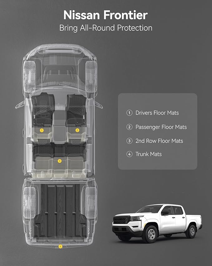 3W Floor Mats & Truck Bed Mat for Nissan Frontier 2025 2024 2023 2022 Crew Cab(NOT for 2nd with Under Seat Speaker), All Weather TPE Custom Fit Car Liner for Frontier
