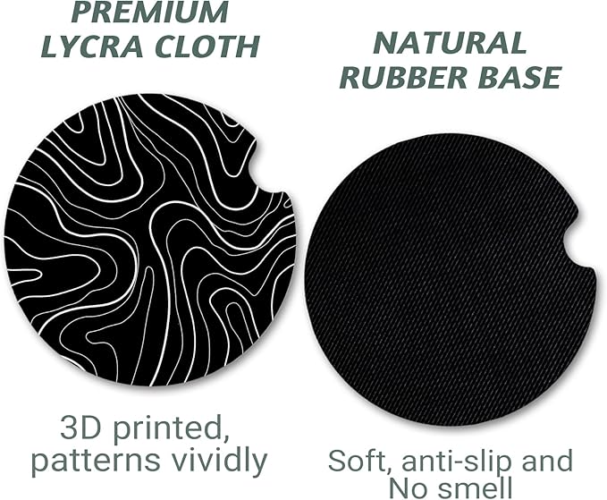 Topographic Anti-Slip Rubber Car Cup Mat with 2 Pack Cup Holder Coasters for Men & Women, Cute Interior Accessories