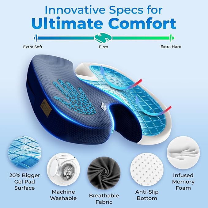 Seat Cushion, BodySync™ Technology with Non-Slip Gel & Memory Foam for Tailbone, Sciatica & Back Pain Relief, Office Chair Cushion, Car Seat Cushions for Driving (Dark Grey Blue)