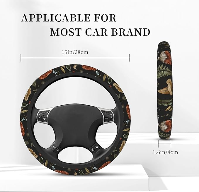 Vintage Mushroom Steering Wheel Cover, Woodland Nature Elastic Non-Slip Steering Wheel Protector,Auto Interior Decor for Women Girls,Universal 15" Fit for Sedans,Trucks