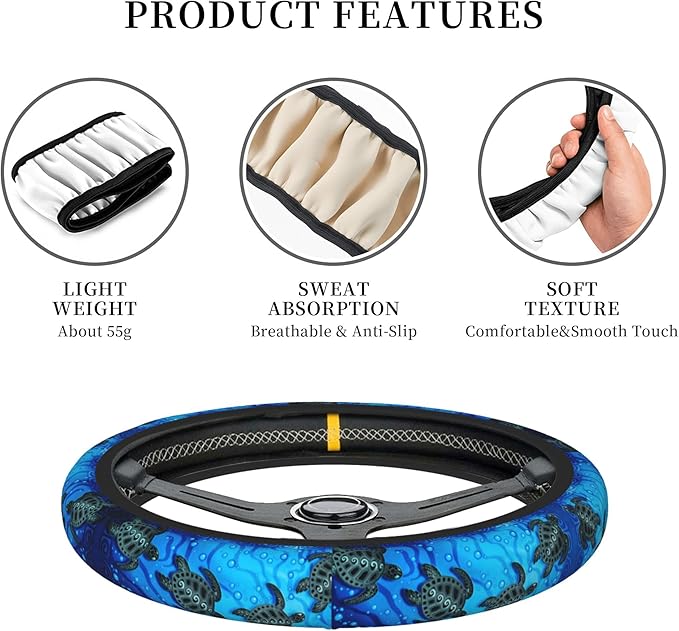 Watercolor Blue Sea Turtle Car Steering Wheel Cover Universal Fit 15 Inch, Anti-Slip Breathable Sweat Absorption Neoprene Steering Wheel Protector for Women Men