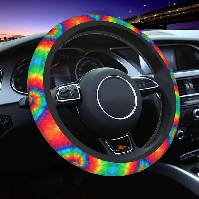 Tie Dye Steering Wheel Cover with 2 Car Coasters Non Slip Neoprene for Women Men Universal 15 Inch