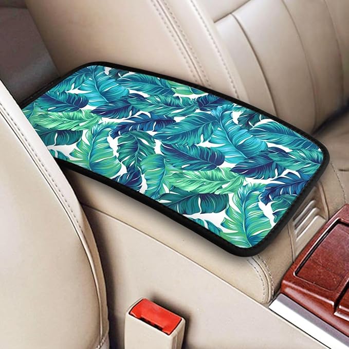 Palm Leaves Leaf Tropical Hawaiian Summer Green Auto Center Console Armrest Pad Universal Car Center Console Cover Seat Box Cover for Sedan, Van, SUV, Truck Car Accessorie
