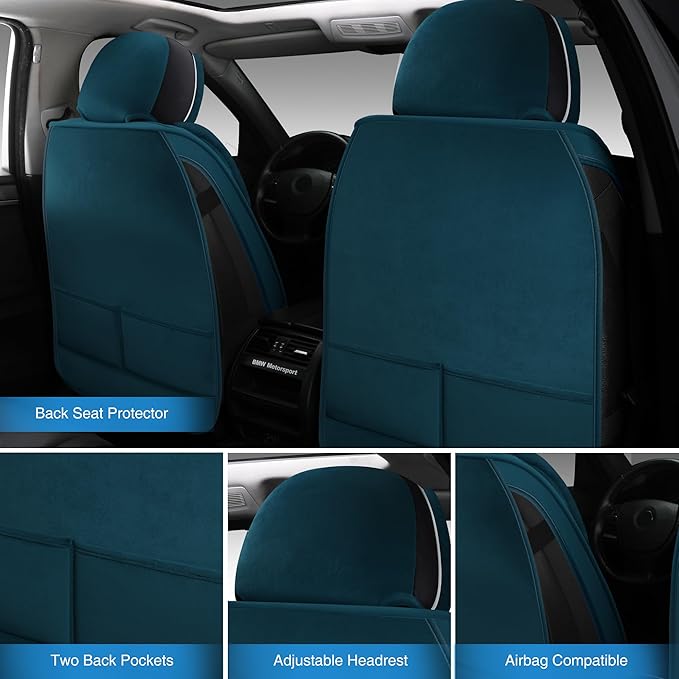AOOG Fuzzy Leather Car Seat Covers Full Set, Heated Front Bench Back Cushion Protector for Cars SUV Trucks (Front seat,Green)