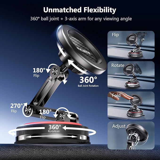 SYNCWIRE for MagSafe Car Mount [3-Axis] Nano Adhesive Gel + Strong Suction Cup Magnetic Phone Holder for Dashboard & Windshield, 360° Adjustable for iPhone 17 16 15 14 13 12, Samsung, Carbon Fiber