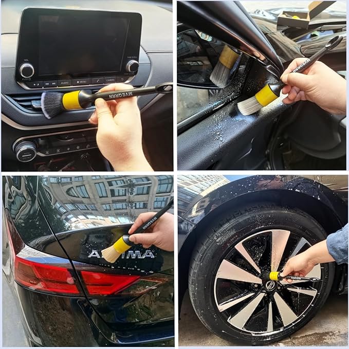 4pcs Car Detailing Brush Set, Boars Hair, Ultra Soft, No Scratch, Interior & Exterior, Includes 4 Different Brushes, Ergonomic Design, Multi-use for Vehicle, Bicycle, Motorcycle, Boat
