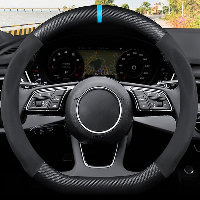 Ergocar D-Shaped Carbon Fiber & Microfiber PU Leather Steering Wheel Cover Anti-Slip Car Steering Wheel Protector Breathable Sweat Absorbent Sport for Diameter 38cm（15"）-Black Blue
