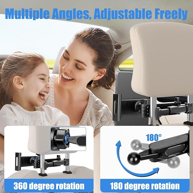 Tablet Holder for Car Headrest,Foldable Stand Compatible with 6-13" iPad,Air,Mini,Switch,360° Adjustable Rotation,Essential for Road Travel,Black