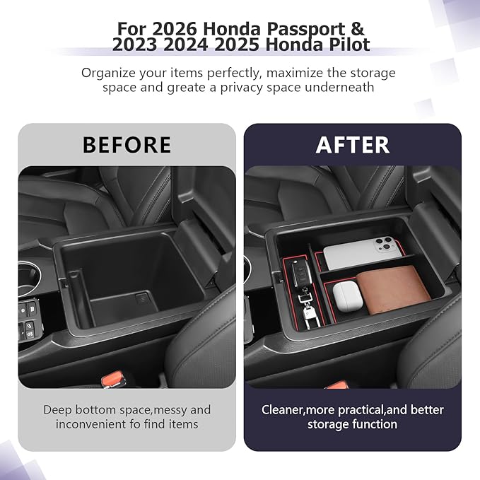 LUWU 2026 Passport Center Console Organizer Compatible with 2024 2025 2026 Honda Passport & 2023 2024 2025 Pilot & 2024 2025 Ridgeline Accessories Armrest Console Organizer Armrest Insert Tray (Red)