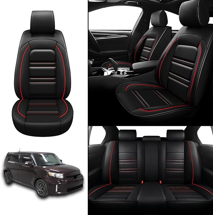 Seat Covers for Scion xb 2004-2015 | 5-Seats Leather Seat Covers, Easy to Install Automotive Seat Covers Full Set (Full Set, Black&Red Line)
