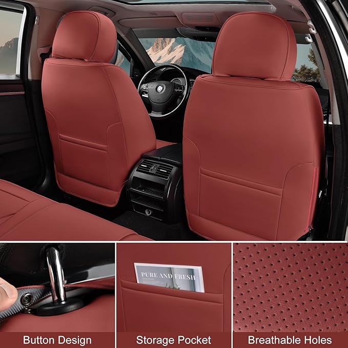 Wine Red Car Seat Covers Full Set, Breathable Leather Automotive Front and Rear Seat Covers & Headrest for Comfortable Driving, Universal Auto Interior Fit for Most Kinds of Vehicles, Cars