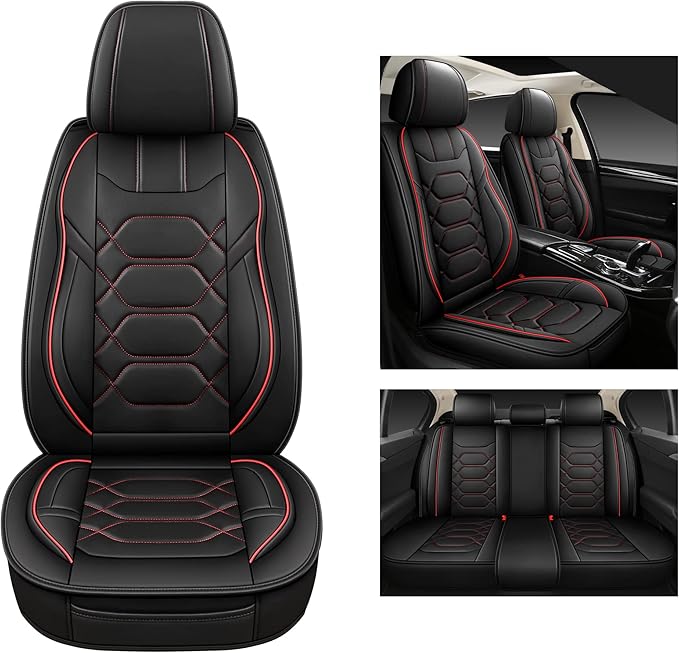 Pariitadin Leather Car Seat Covers Full Set, Waterproof Faux Leather Seat Covers for Cars, Non-Slip Car Interior Covers Universal Fit for Most Cars Sedans Trucks SUVs, Black/Red