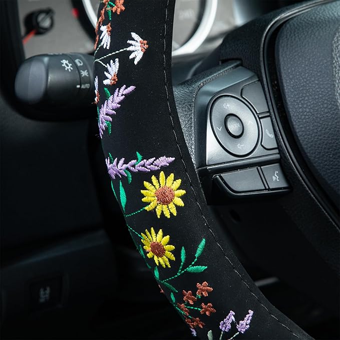 Embroidered Sunflower Lavender Cute Black Steering Wheel Cover, Auto Anti-Slip Breathable Steering Wheel Protector, Butterfly Floral Car Accessories for Women,Universal Size Fit Most Cars -15 inch