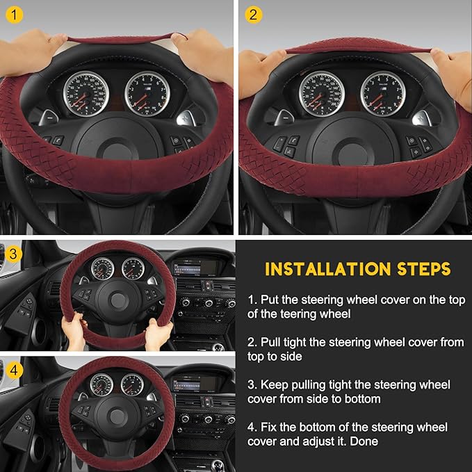 Suede Steering Wheel Cover with Upgraded Silicone Inner Ring, Breathable, Anti-Slip, Leather Universal 14.5 to 15 Inch Steering Wheel Cover (Burgundy with Handwoven Craft)