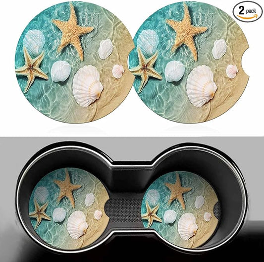 Starfish and Seashel Car Coasters for Cup Holders Car Cup Holder Coasters 2 Pack for Car, Anti Slip Ceramic Car Cup Mat with Finger Notch Cute Car Interior Accessories for Women Men