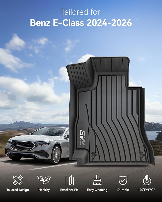 3W Floor Mats Fit for Mercedes Benz E-Class 2024 2025 2026 TPE All Weather Custom Fit Floor Liner for E300 E320 E350 E400 E550 E63, 1st&2nd Row Full Set Car Liners Black