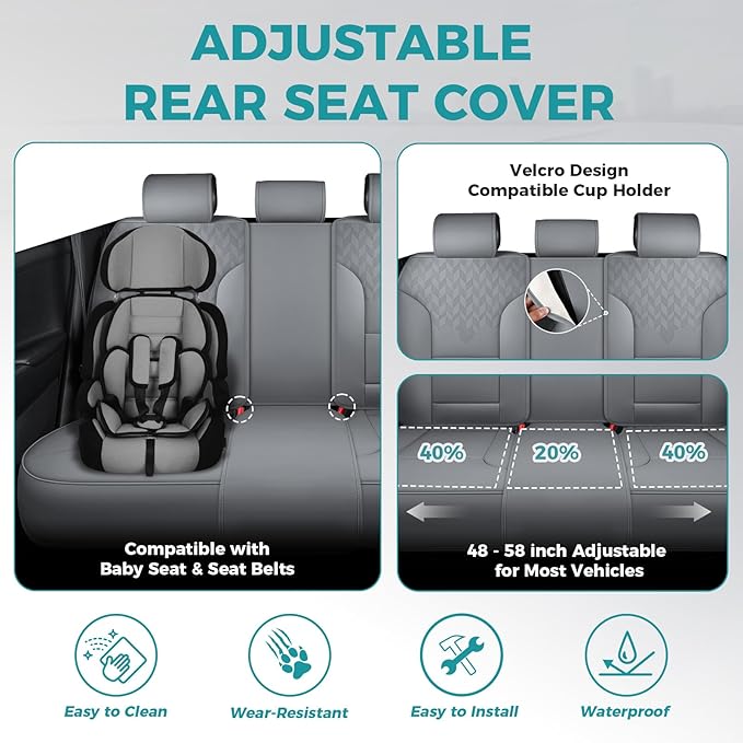 Grey Car Seat Covers Full Set - Breathable Faux Leather Universal 5 Seat Covers for Cars, Automotive Protector Fit for Most Sedan SUV Pick-up Truck