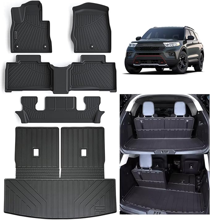 Floor Mats & Large Trunk Mat for 2020-2024 2025 Ford Explorer Only Fit 6 Seats-2 Row Bucket Seat,TPE All Weather Protection 3 Rows Car Floor Liners with Cargo Liner Covering The backrest