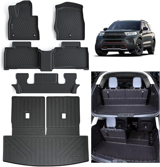 Floor Mats & Large Trunk Mat for 2020-2024 2025 Ford Explorer Only Fit 6 Seats-2 Row Bucket Seat,TPE All Weather Protection 3 Rows Car Floor Liners with Cargo Liner Covering The backrest