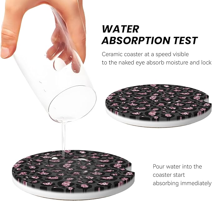 Absorbent Car Coasters for Cup Holders, 2 Pack Universal Anti Slip Ceramic Cup Coaster for Women Men 2.56 Inch Car Interior Accessories - Black Pink Leopard 005