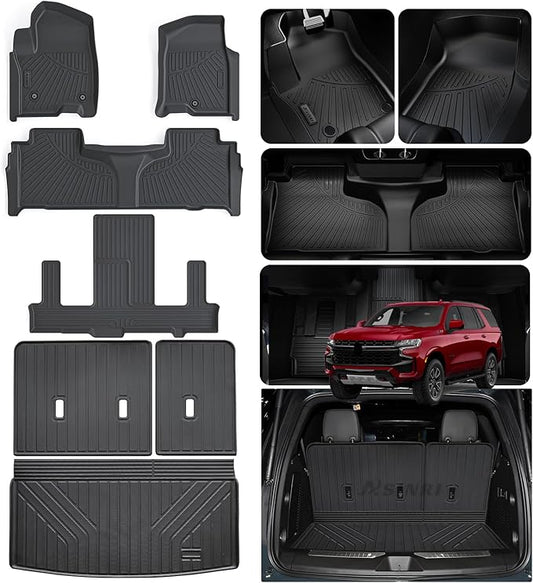 Floor Mats & Trunk Mat & Backrest Mat for 2021-2024 2025 Chevrolet Chevy Tahoe 7 Seats (2 Row Bucket Seat)/GMC Yukon(Not Fit Yukon XL), TPE Car Floor Liners Cargo Liner with Backrest Set