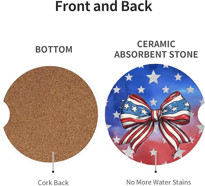 Absorbent Car Coasters for Cup Holders, 2 Pack Universal Anti Slip Ceramic Cup Coaster for Women Men 2.56 Inch Car Interior Accessories - Bow Tie Stars and Stripes 019